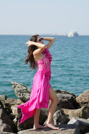 Pink One Shoulder Big Flower  Beachwear