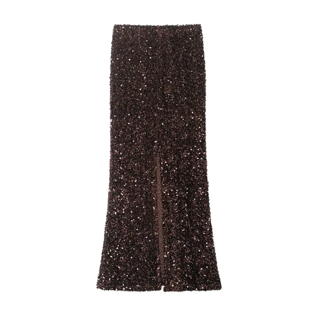 Brown Sequined Long Skirt
