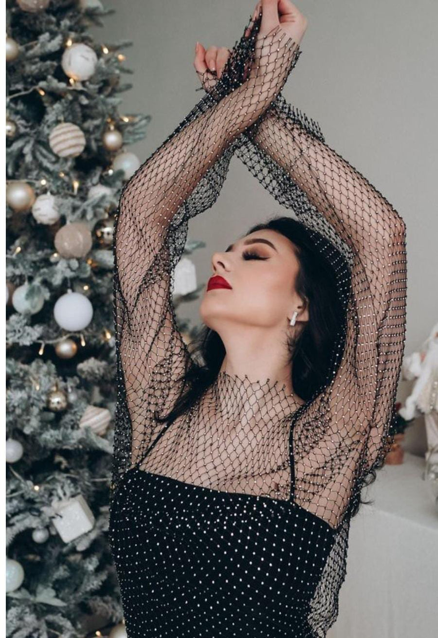 Rhinestone Full sleeves mesh top