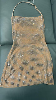 Rhinestone Straps Party Dress Beige