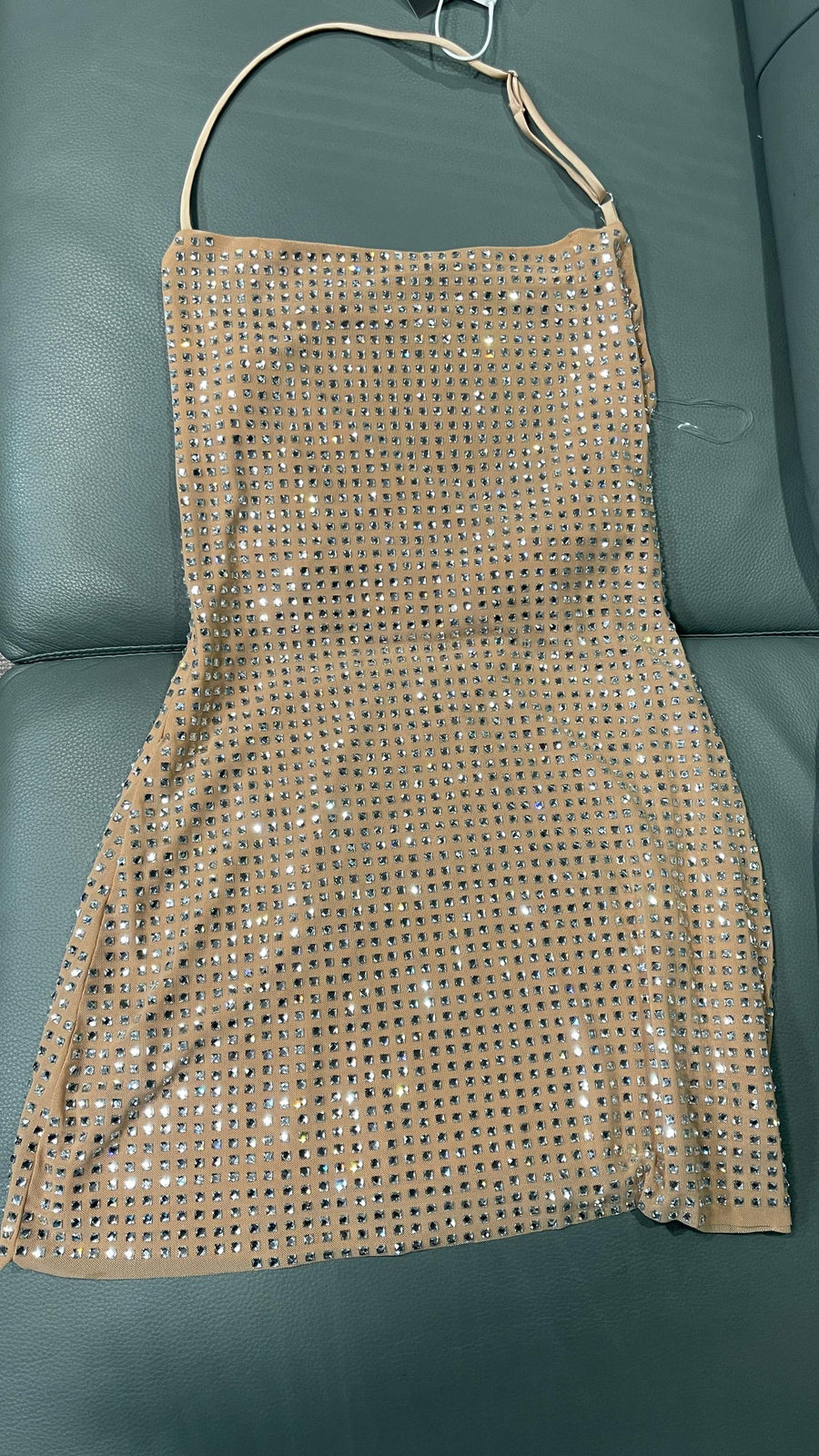Rhinestone Straps Party Dress Beige