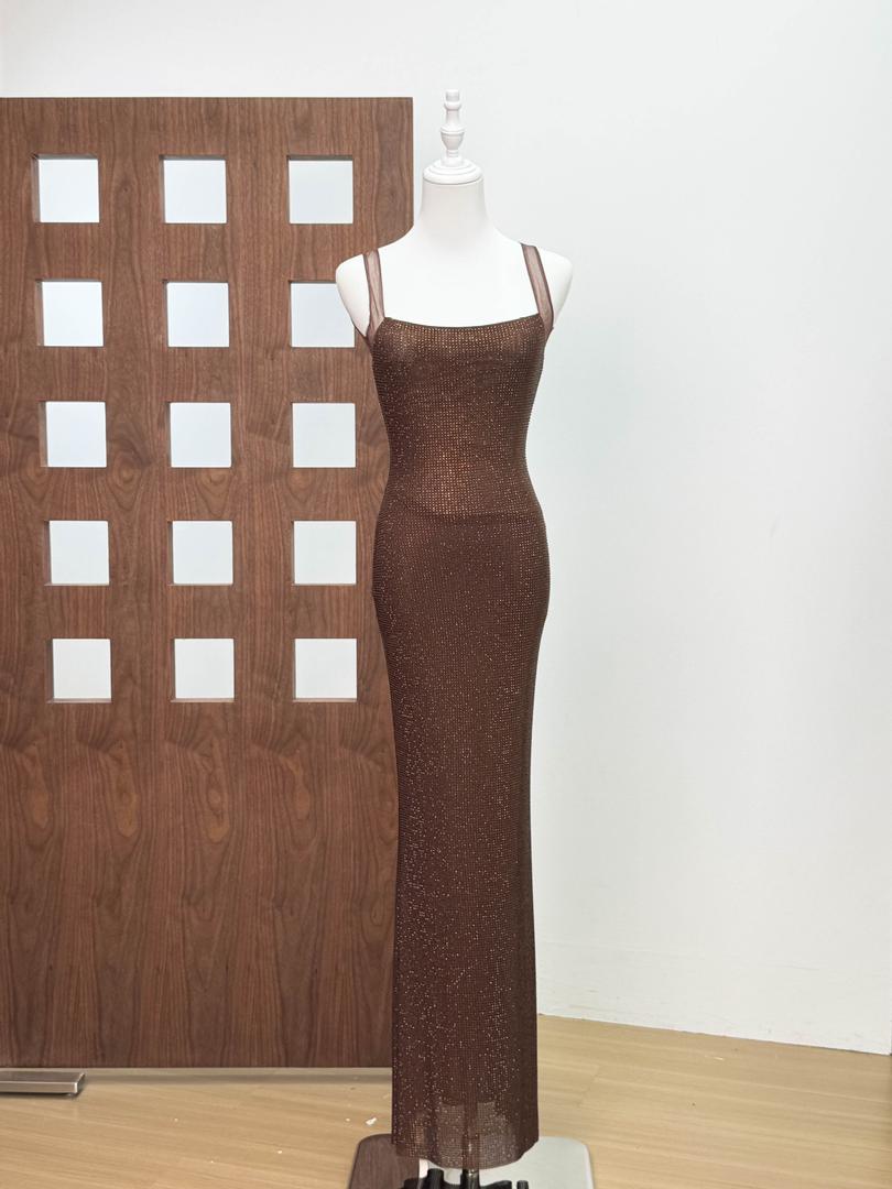 Embellished Brown Rhinestone Dress