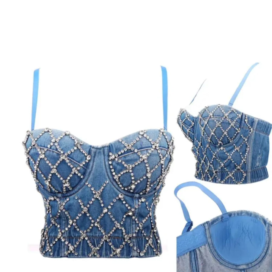 Diamond Beaded Denim Top