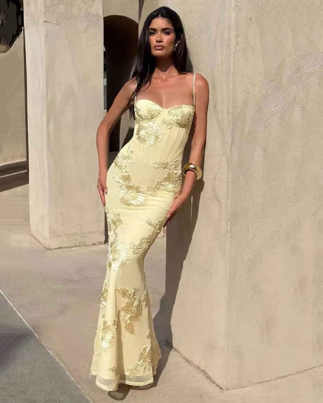 Embroidered Long Dress Yellow
