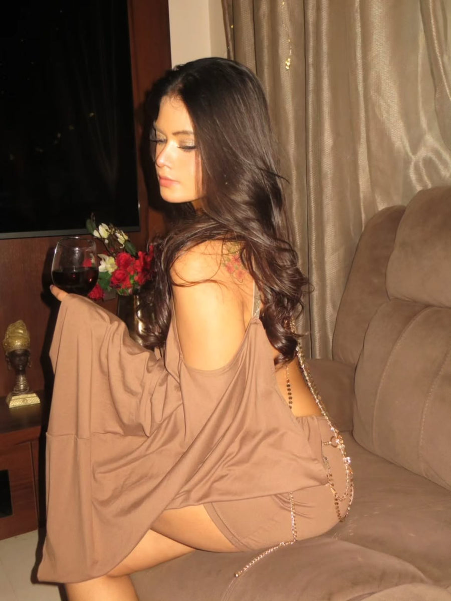 Taupe Butterfly Chain Backless Dress