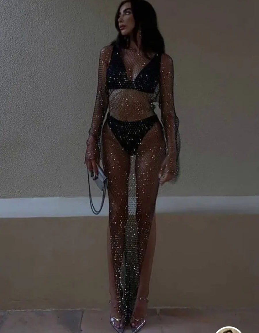 Rhinestone Long Mesh Dress