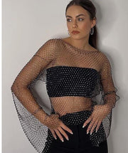 Rhinestone Full sleeves mesh top