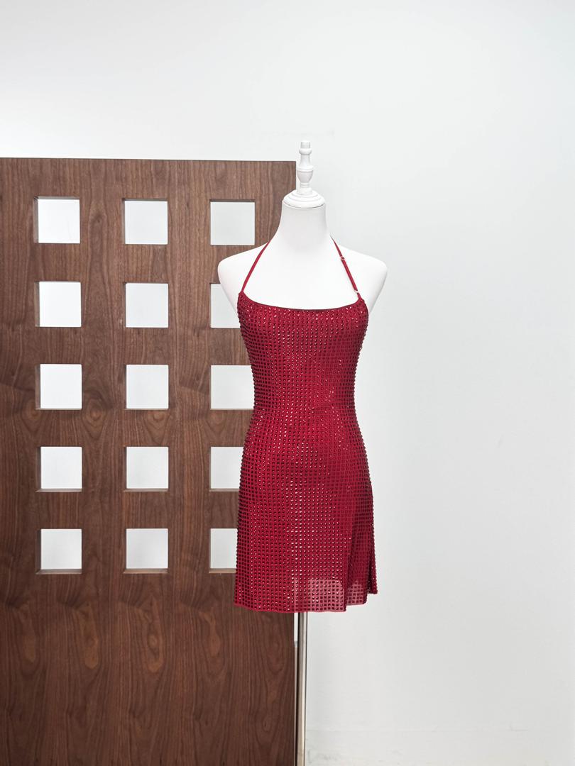 Rhinestone Straps Party Dress Beige