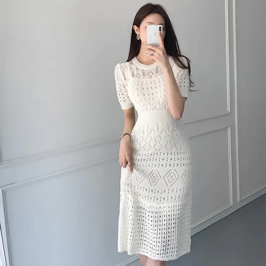 White Hollow Knitted Dress.