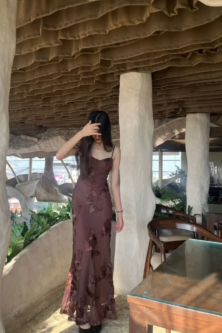 Embroidered Long Dress Brown