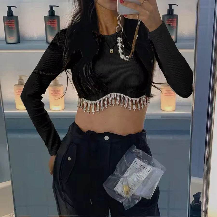 Full Sleeve Rhinestone Crop Top