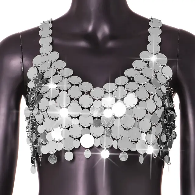 Female silver sequin chain mail harness crop top women silver chainmail camisole top