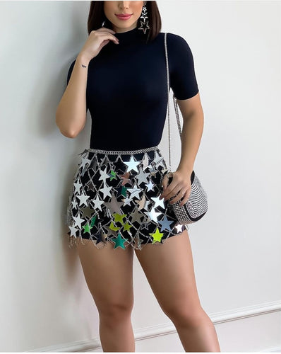 Silver sequins skirts star chainmail mini skirt